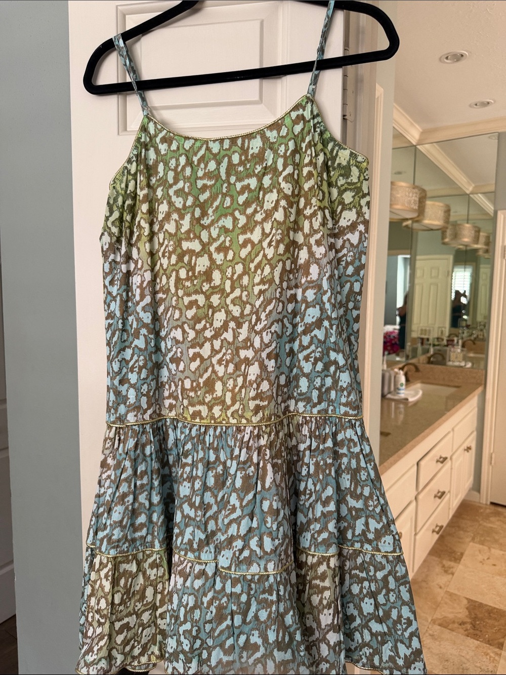 Juliet Dunn Green Blue Animal-Print Tiered Slip Dress